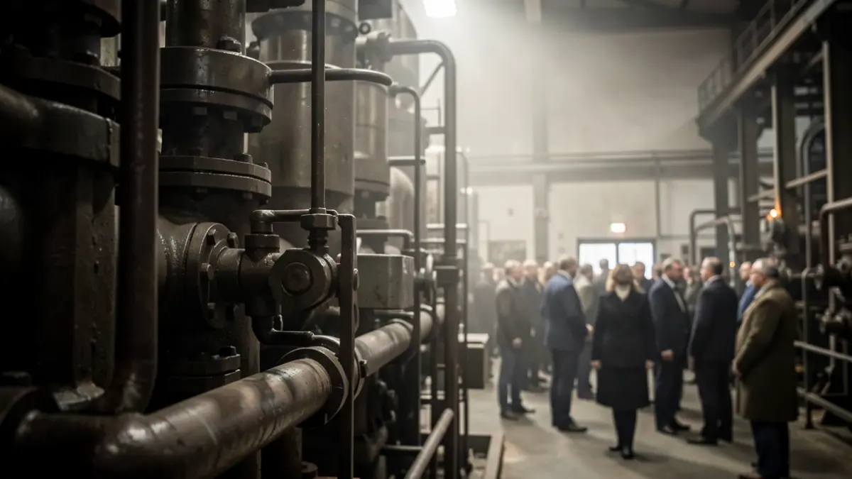 Imagen de primer plano de maquinaria industrial en una fábrica con poca luz.