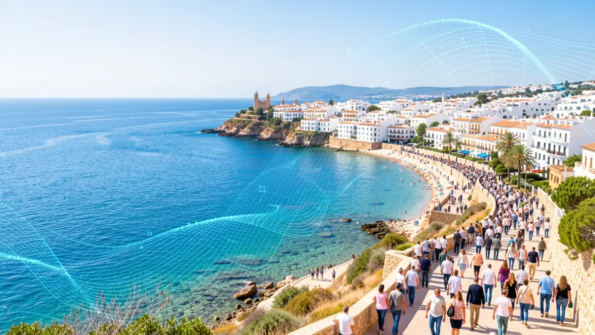 Imagen genérica de la costa andaluza con elementos que simbolizan la economía azul.