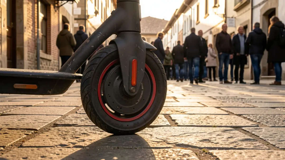 Generic image: Close-up of an electric scooter wheel parked on a stone-paved sidewalk in a Basque Country town, warm evening light.