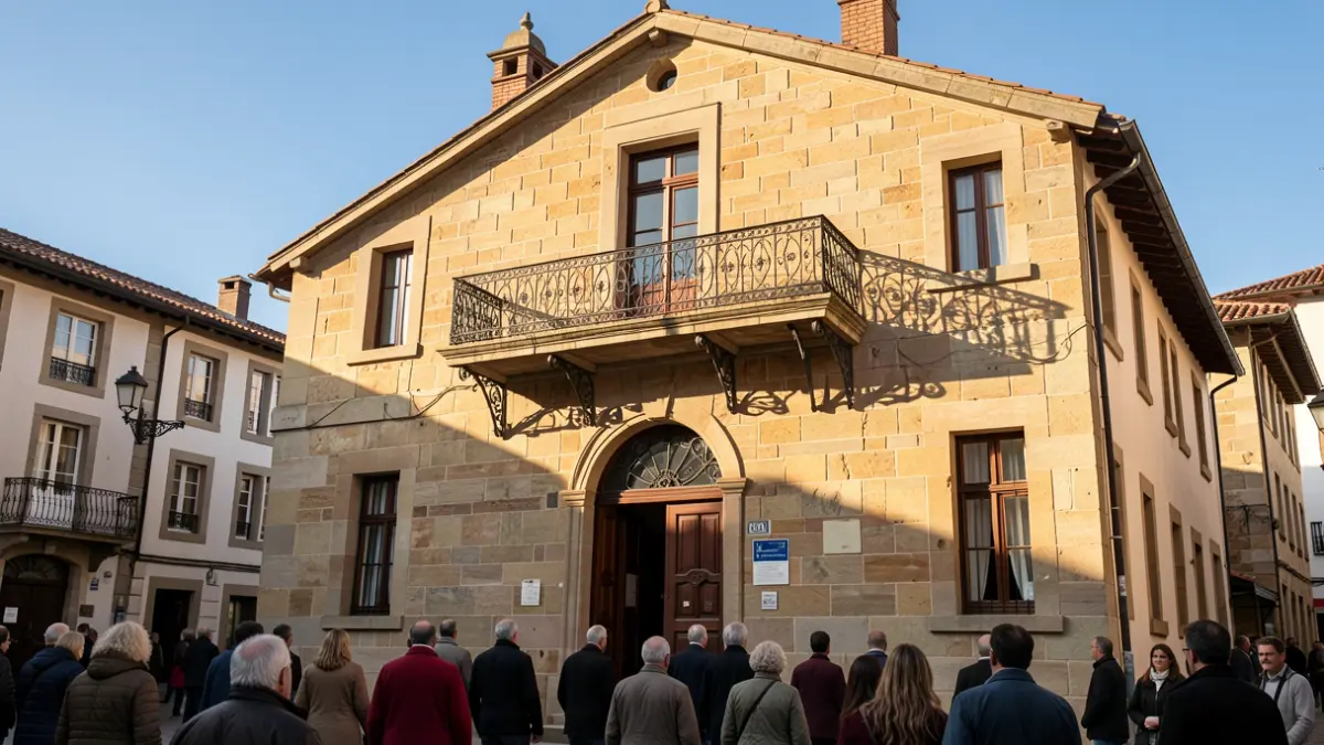 Fachada de piedra de un ayuntamiento alavés con balcón de hierro, bajo la luz de la tarde.