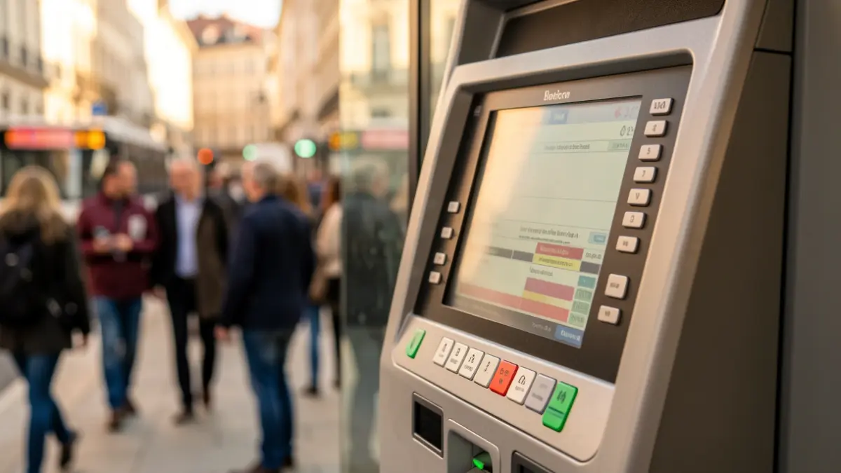 Máquina de billetes de transporte público en un entorno urbano.