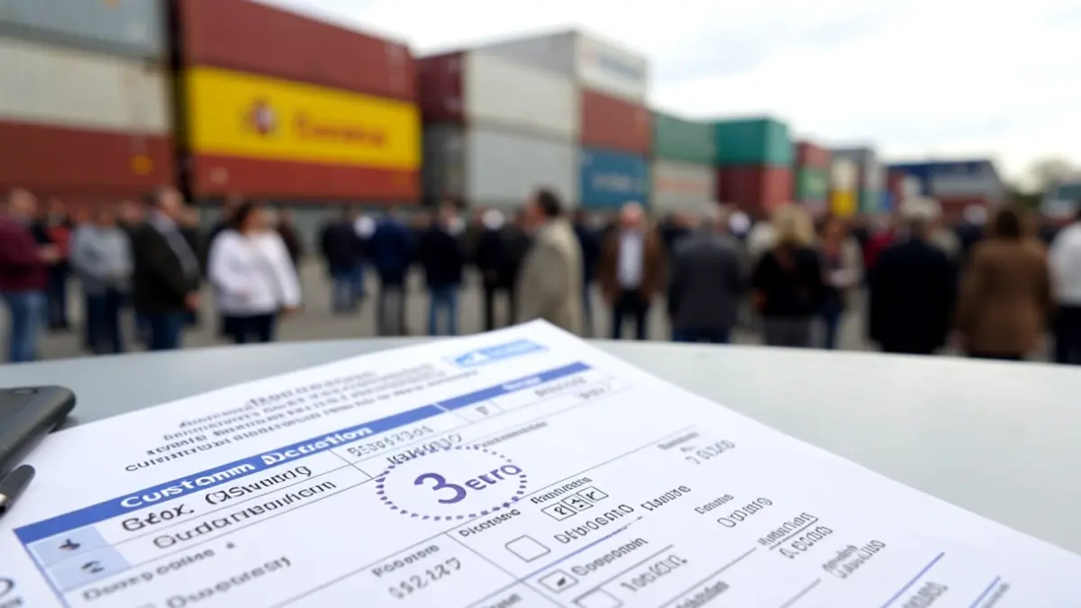Detail of a customs declaration form with a three euro stamp, with blurred shipping containers and Spanish flag in the background.