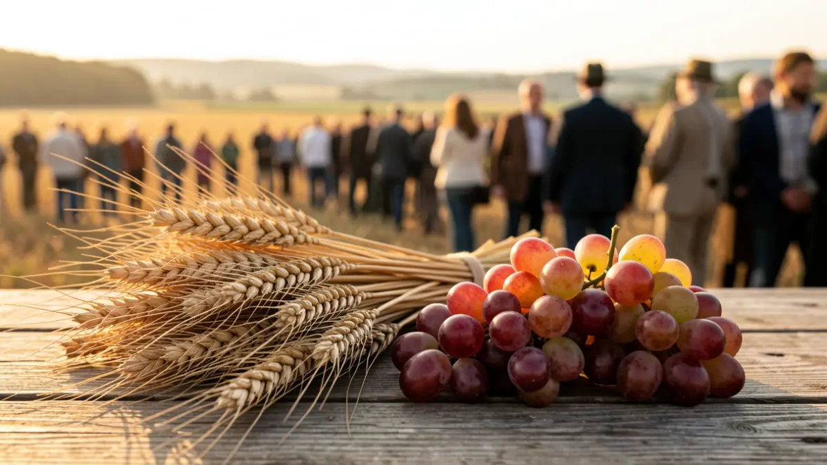 Imagen genérica de grano y uvas sobre una mesa de madera.