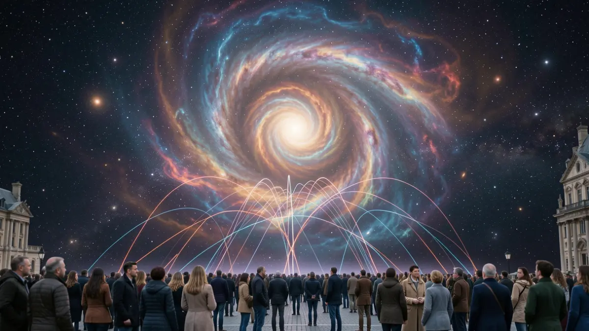 Generic image of a cosmic nebula with abstract representations of magnetic fields.