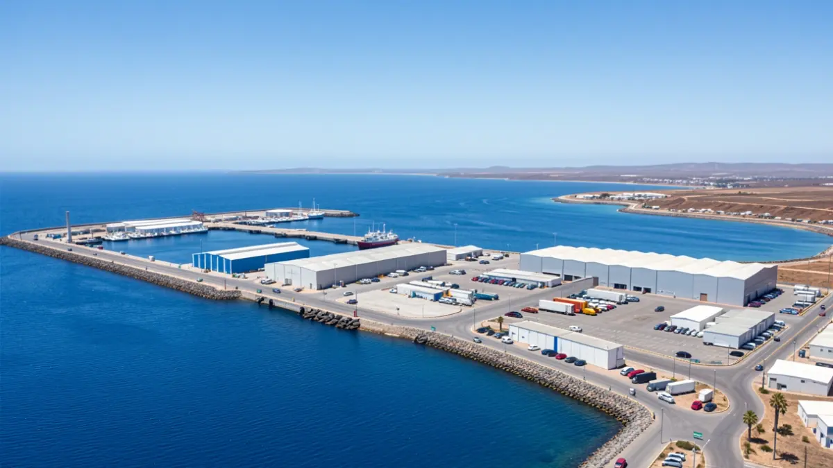 Aerial view of the port of Arrecife with port buildings and the sea.