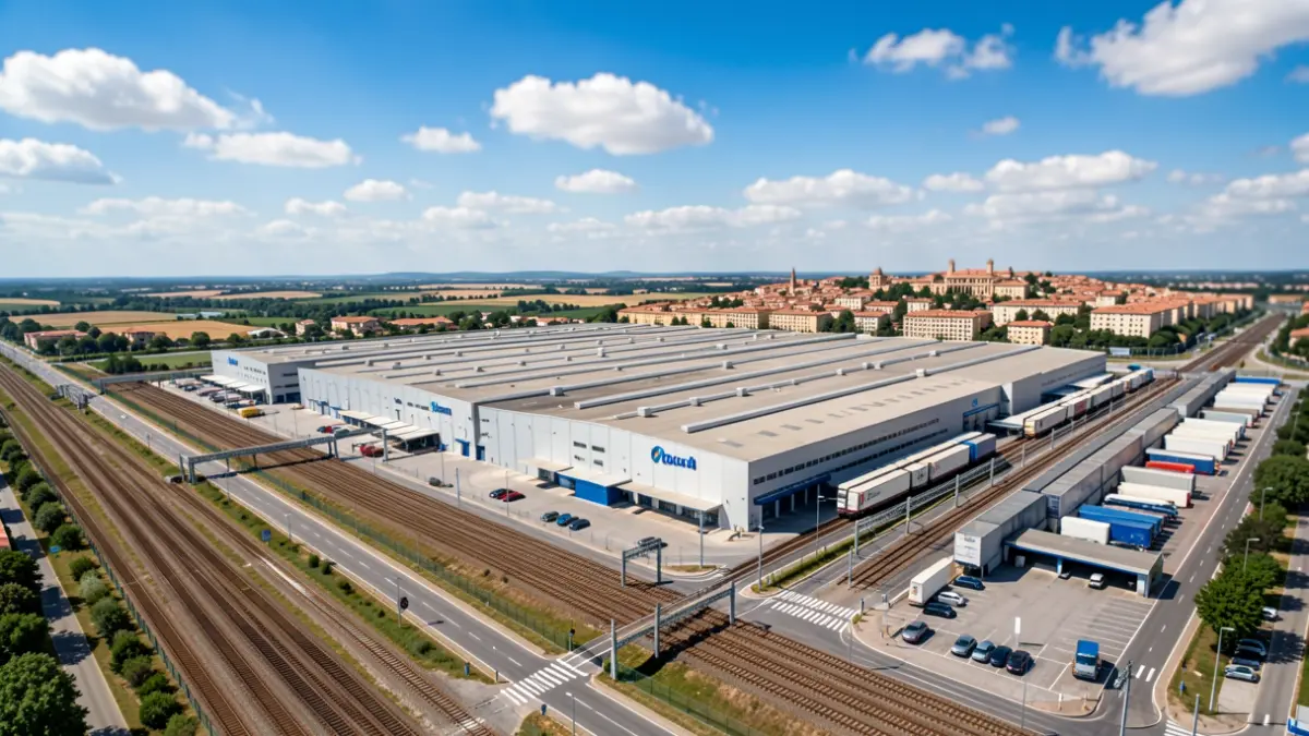 Imagen genérica de una terminal logística intermodal con vías de tren y carreteras.