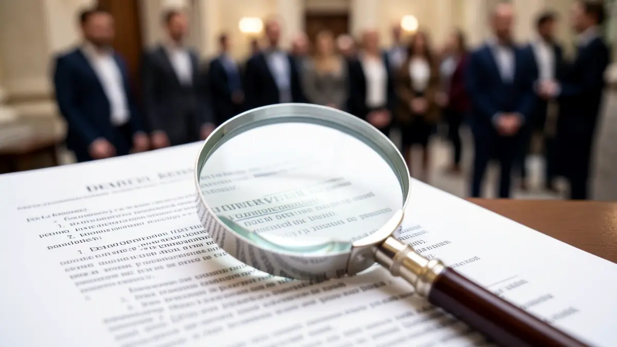 Primer plano de un documento legal con lupa, simbolizando la revisión jurídica.