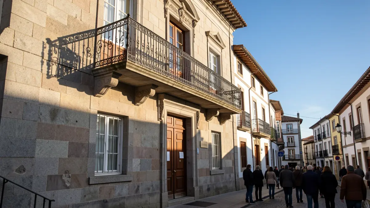 Fachada de granito de un ayuntamiento tradicional gallego en Monterrei, con balcón y barandillas de hierro ornamentadas, bajo la luz del sol de la tarde.