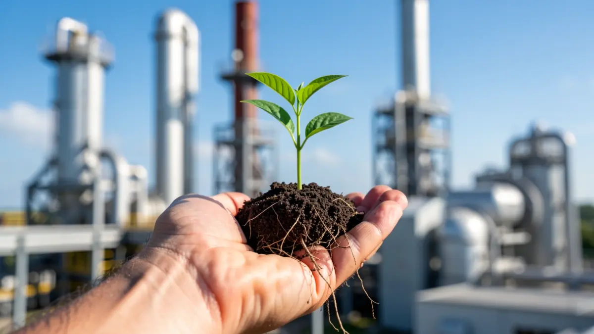 Imagen genérica de una mano sosteniendo una planta joven con maquinaria industrial desenfocada al fondo.