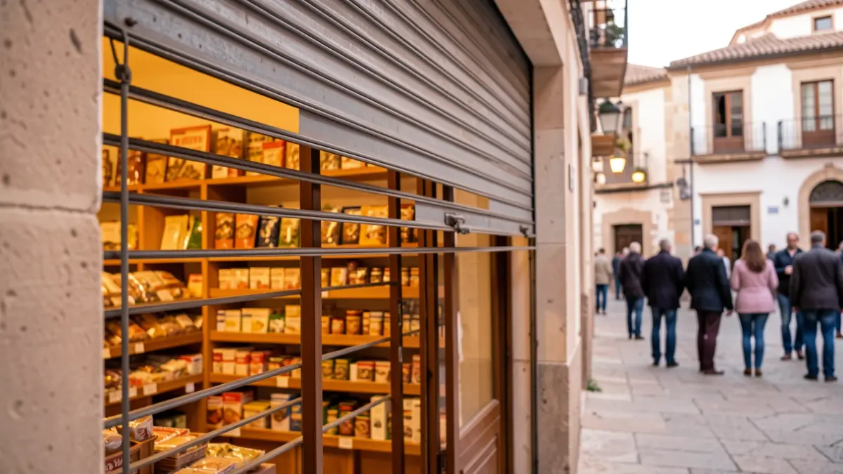 Persiana metálica de un comercio en Baeza subiendo, mostrando el interior y el casco histórico al fondo.