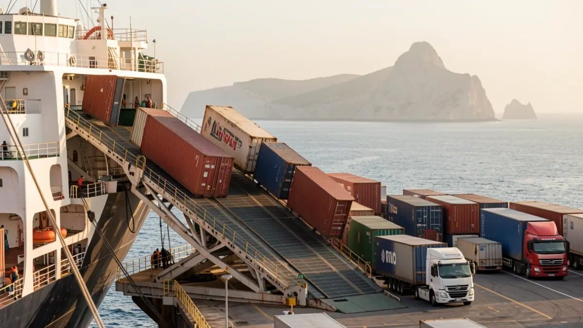 Image of cargo being loaded onto a ship in the Port of Algeciras with the Strait of Gibraltar in the background.