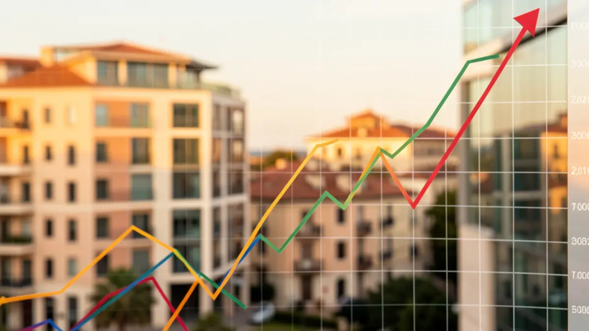 Gráfico financiero con tendencia alcista sobre un fondo de edificios de oficinas.