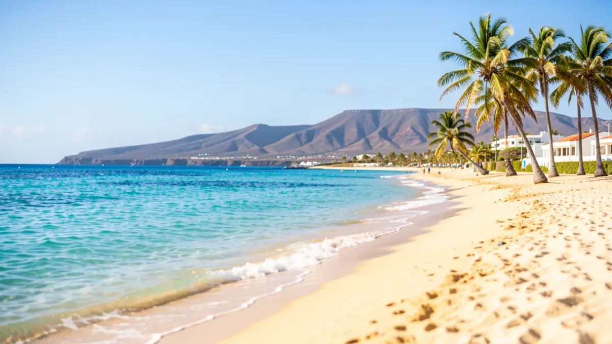 Imagen genérica de una playa soleada en Canarias con palmeras y paisaje volcánico.