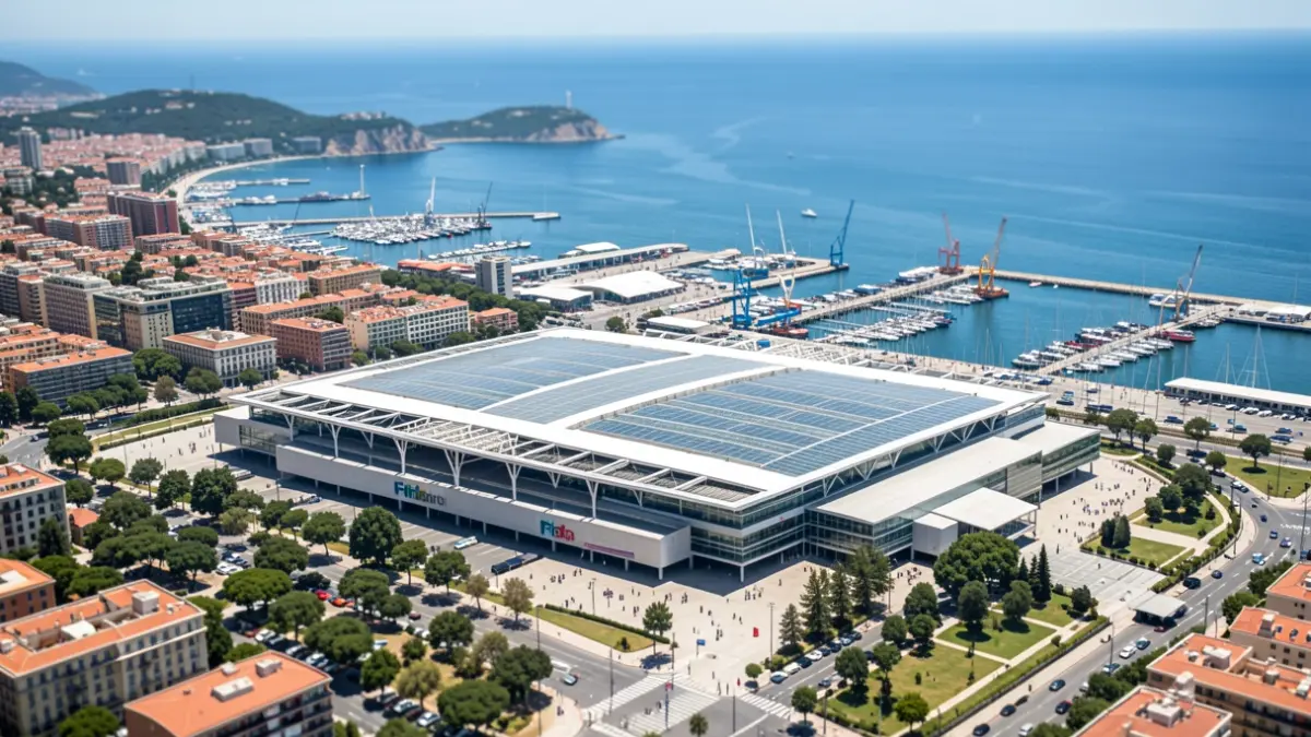 Aerial view of the Fira de Barcelona exhibition center in Montjuïc.