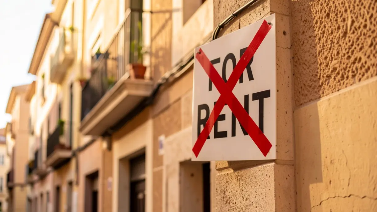 Generic image of a prohibited 'For Rent' sign on a building in Barcelona.