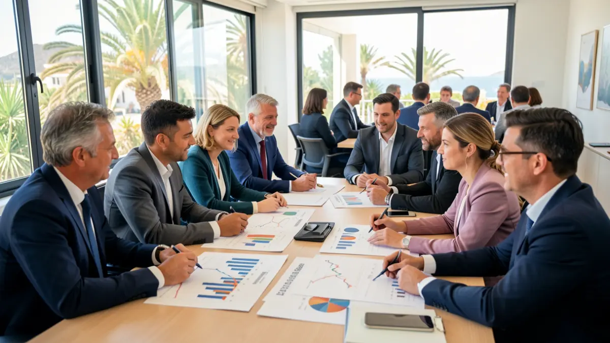 Imagen de empresarios reunidos en Canarias discutiendo estrategias de crecimiento económico.