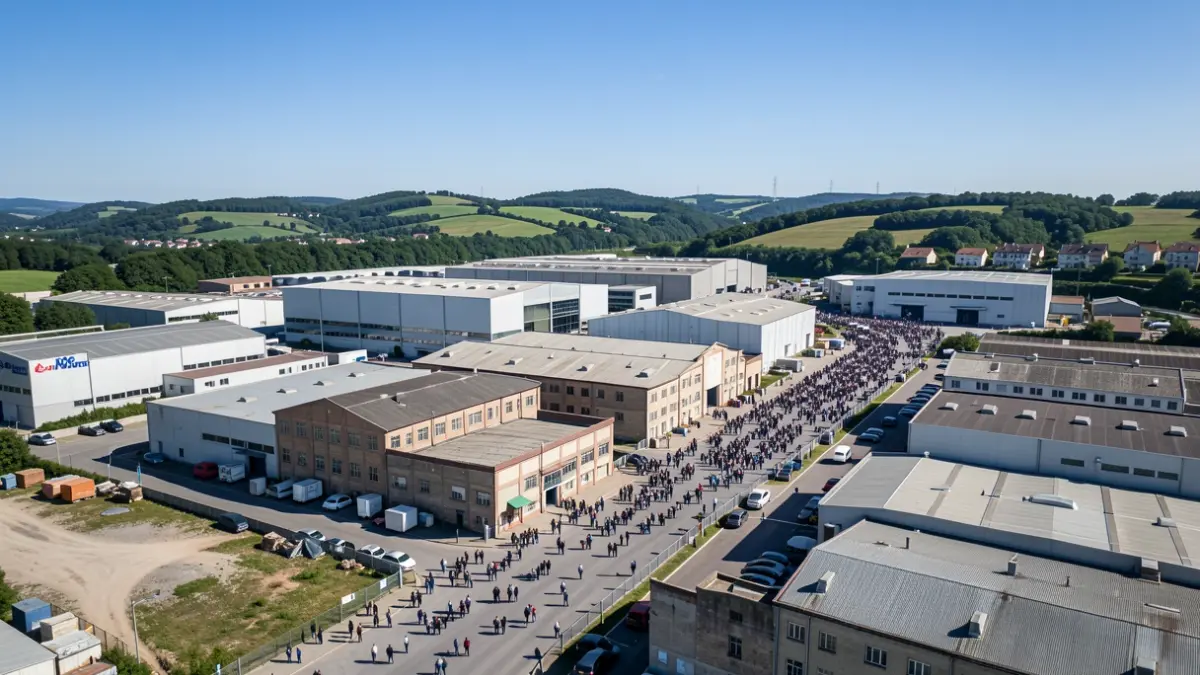 Imagen genérica de una zona industrial en el País Vasco, con una mezcla de fábricas modernas y antiguas, colinas verdes al fondo.