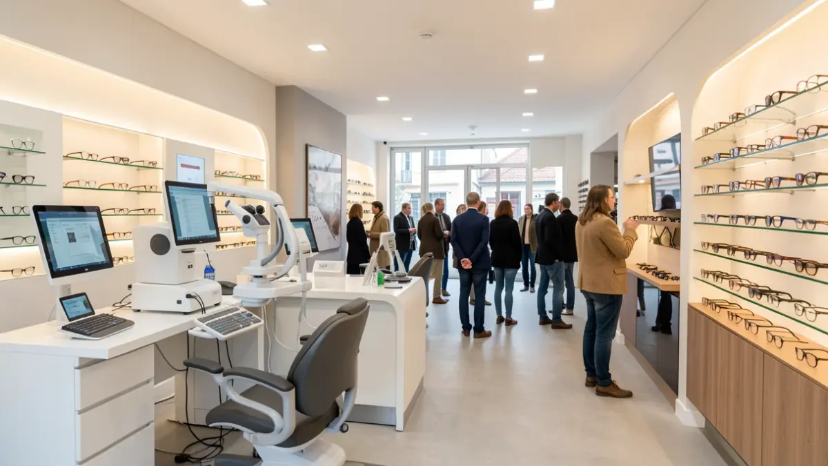 Interior dunha óptica moderna en Galicia con equipo avanzado e lentes de calidade.
