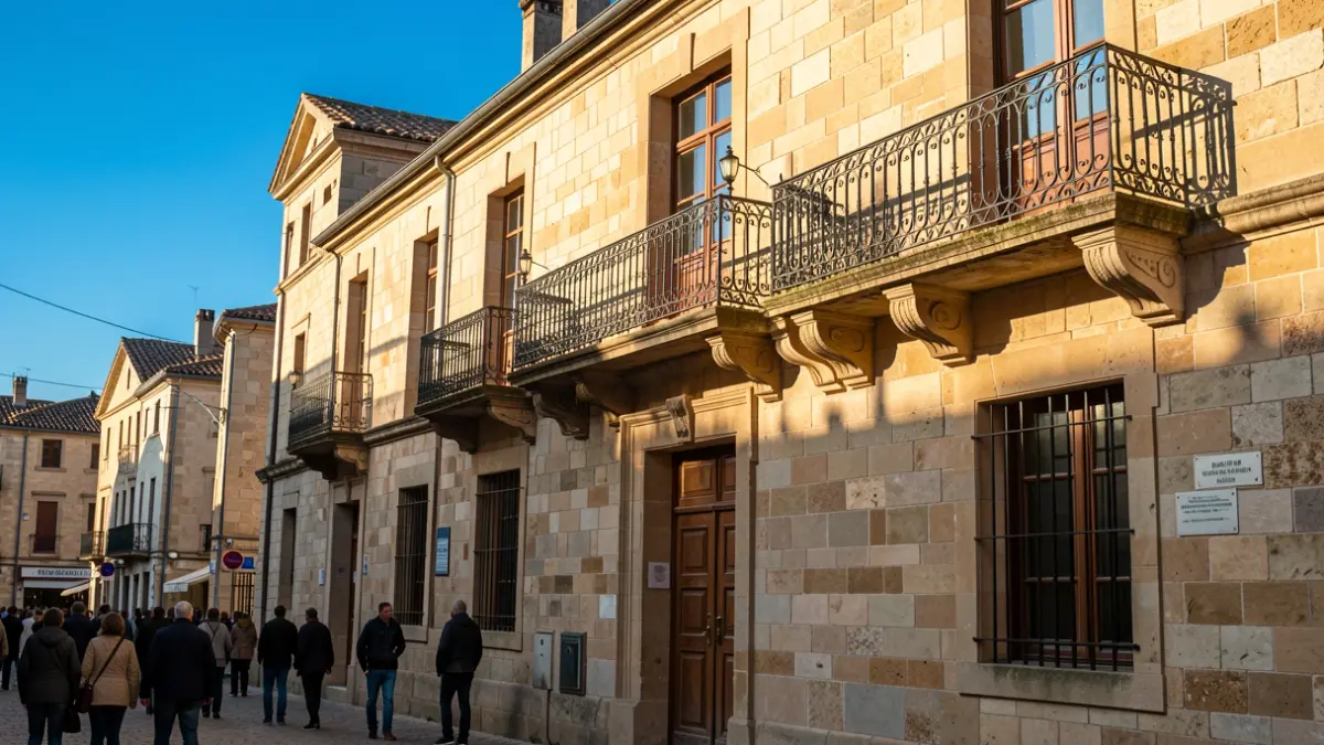 Generic image: Stone facade of a Euskadi town hall with ornate balcony and iron railings, warm afternoon sunlight casting shadows on the sandstone walls, blue sky.