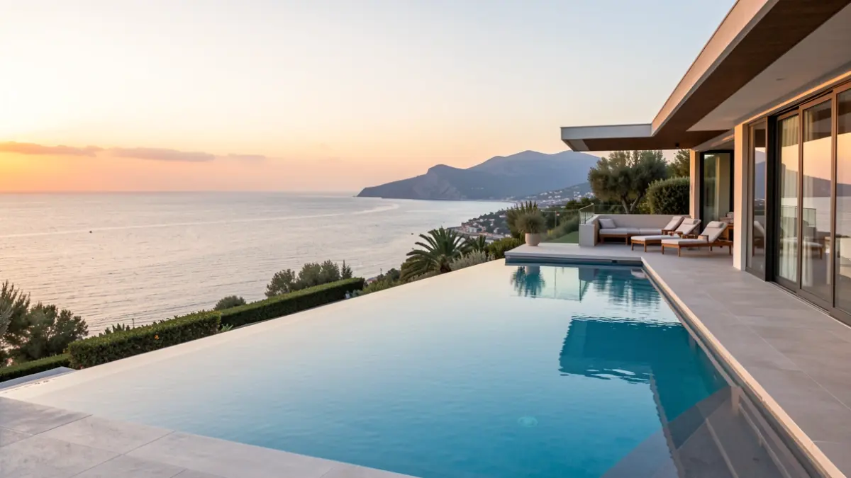 Villa de lujo con piscina y vistas al mar Mediterráneo al atardecer.
