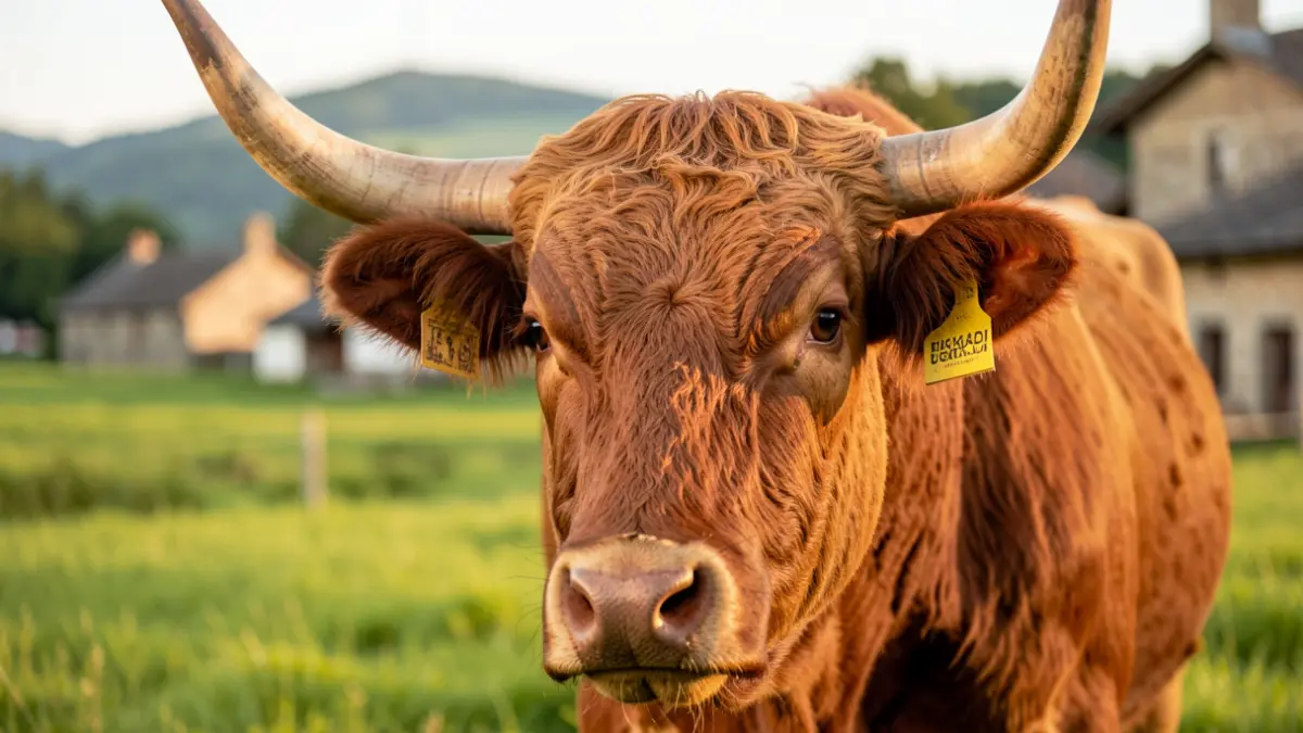 Generic image: Close-up of a bull's head with an ear tag, set against a blurred background of green Euskadi fields and traditional Basque architecture, warm afternoon light.