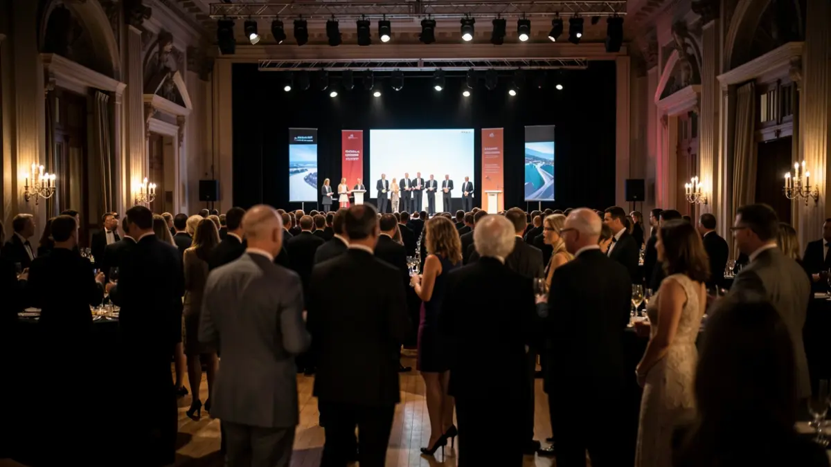 Imagen genérica de un salón de eventos con gente reunida y un escenario al fondo.