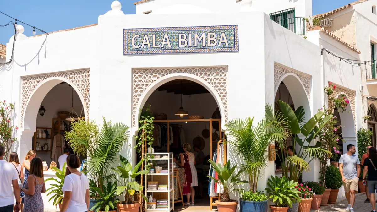 Fachada de la tienda pop-up CALA BIMBA en Tarifa, inspirada en la arquitectura andaluza.