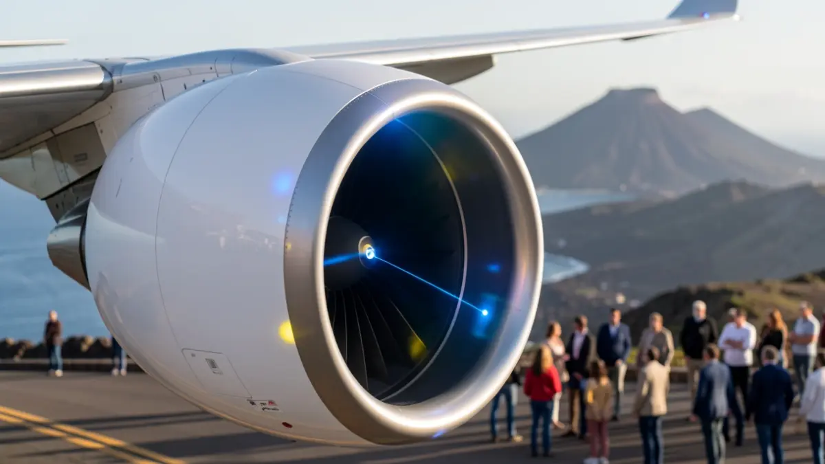 Detail of a modern airplane engine with blue and yellow light reflections, set against a Canarian landscape with volcanic elements and the ocean.