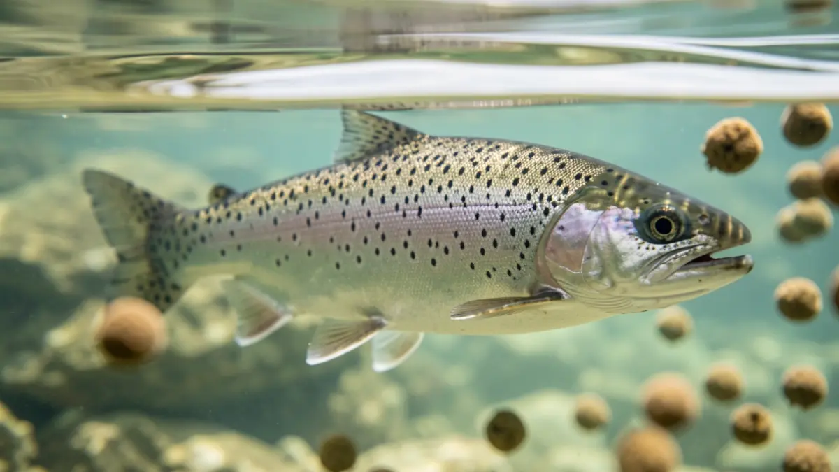Primer plano de salmones nadando en agua clara, con piensos acuícolas desenfocados cerca.