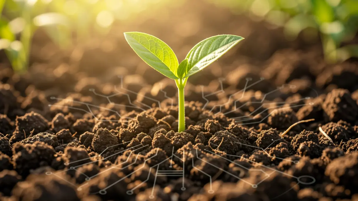 Generic image of fertile soil with a young plant and genetic circuit patterns.