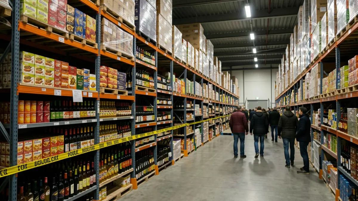 Imagen genérica: Interior de un gran almacén en Euskadi con estanterías de alimentos y bebidas alcohólicas, precintado con cinta policial.