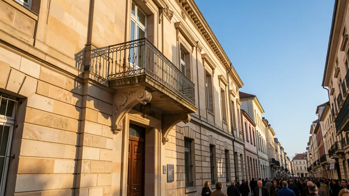 Generic image of a Euskadi town hall's stone facade with balcony and iron railings, afternoon sunlight.