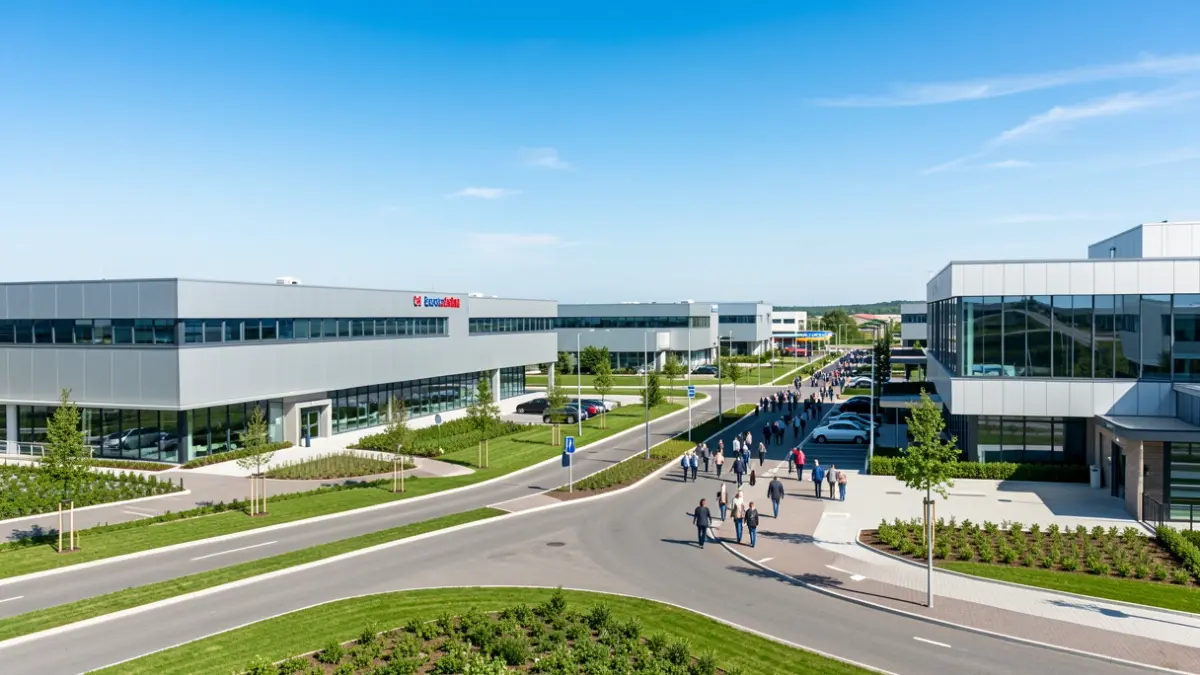 Imagen genérica de un parque industrial moderno con caminos limpios, edificios, áreas verdes y arquitectura vasca.