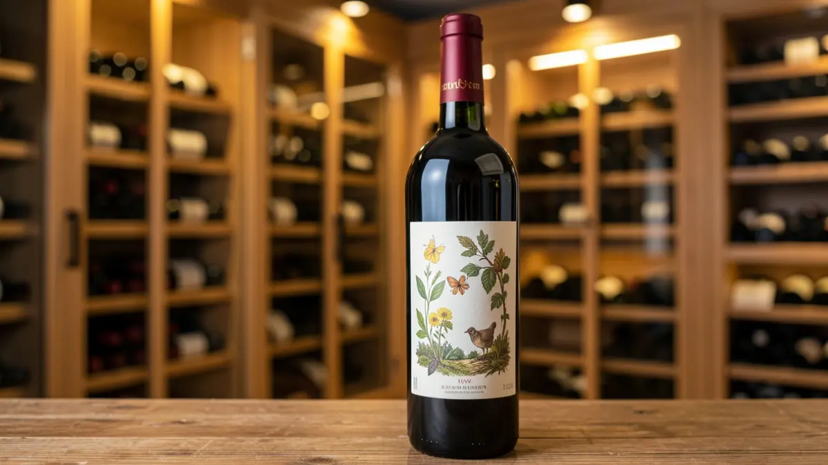 Bodegas Carrascas wine bottle with a nature-inspired label, on a wooden surface with a winery background.