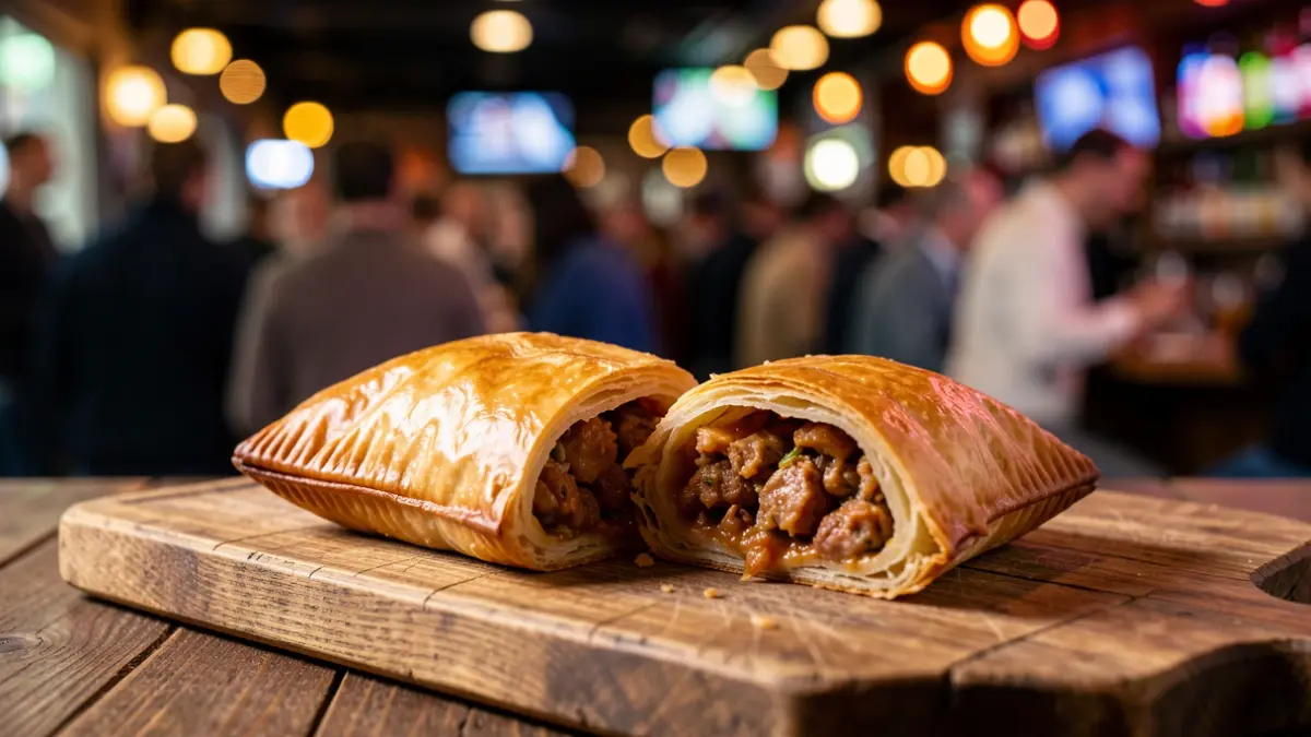 Close-up of a golden, flaky burek on a rustic wooden board, with blurred background lights suggesting a celebratory sports atmosphere.