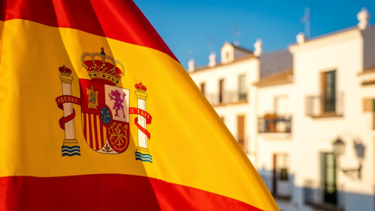 Detail of the Spanish flag with white Andalusian buildings in the background.