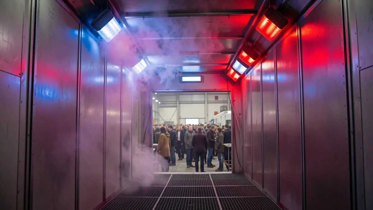 Image of an industrial paint booth filled with smoke, with emergency lights.