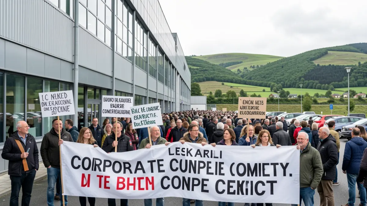 Protest in front of the CAF company with Euskadi landscape in the background.