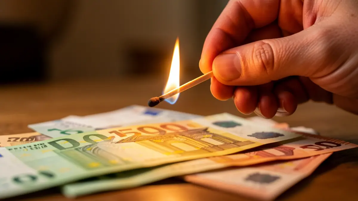 Generic image of euro banknotes with a lit matchstick.