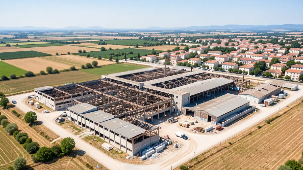Aerial view of a former industrial complex undergoing transformation in Canals.