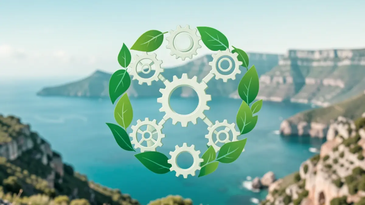 Generic image of circular economy with green elements and a landscape in the background.