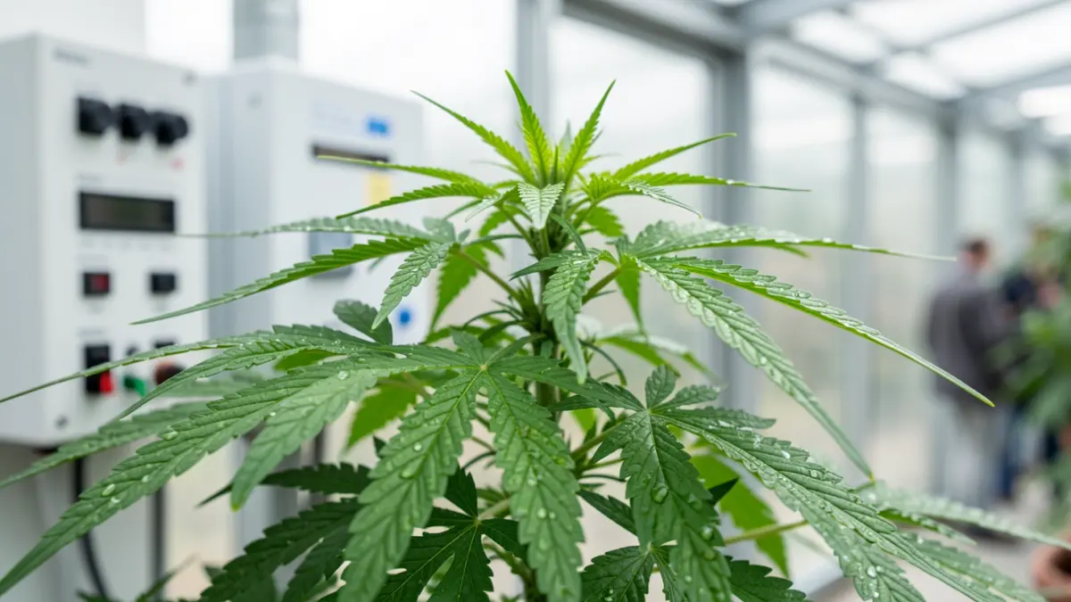 Close-up of cannabis leaves with water droplets, under controlled lighting, reflecting pharmaceutical standards.