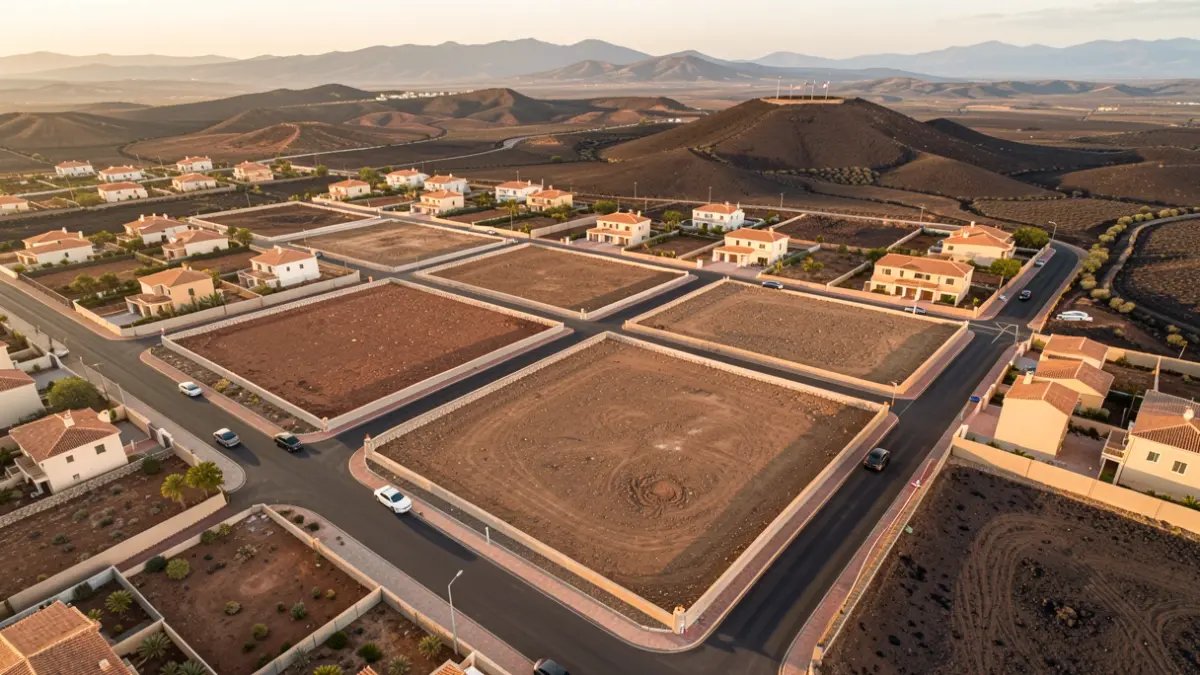 Generic image of a residential development area with empty plots and paved streets.