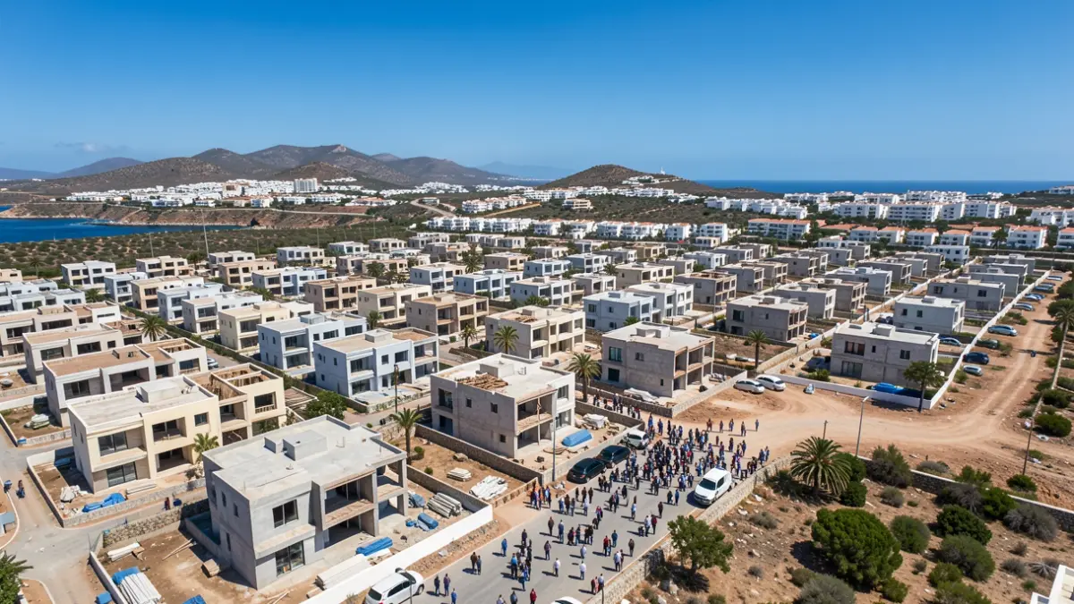 Vista aérea de un desarrollo residencial con muchas viviendas sin terminar en Canarias, indicando un gran stock de obra nueva sin vender.