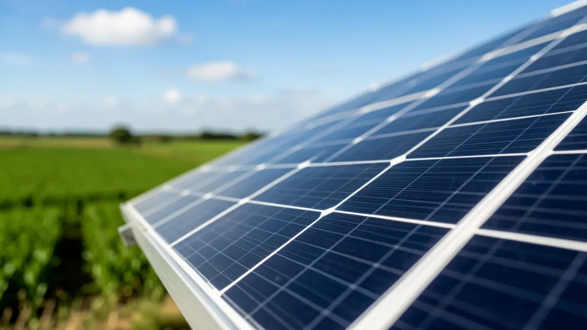 Primer plano de un panel solar con un fondo borroso de campos verdes y cielo azul, representando proyectos de energía renovable en el País Vasco.