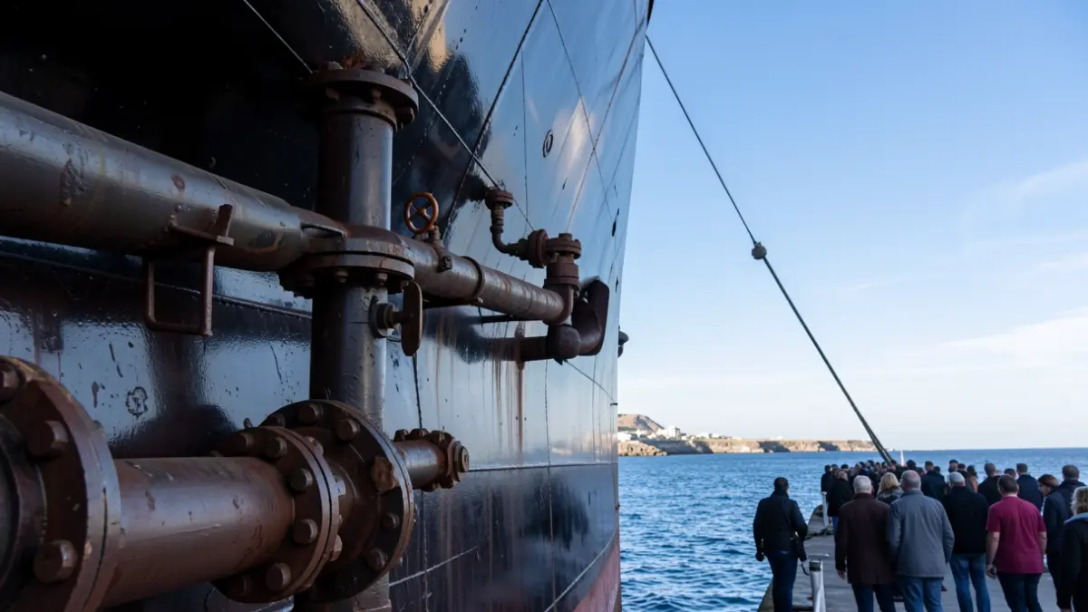Detalle de una gabarra de combustible en el puerto de Las Palmas, con el mar y la costa canaria de fondo.