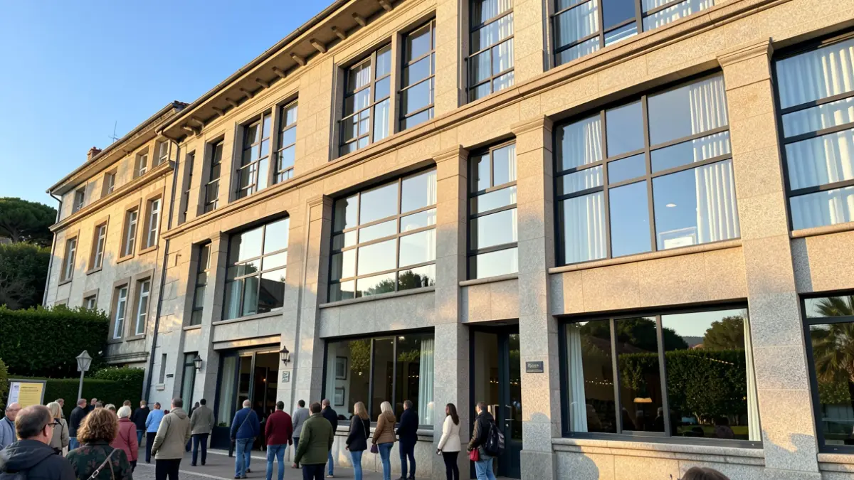 Fachada dun hotel de luxo en Sanxenxo, Galicia, con detalles de granito e grandes ventás.