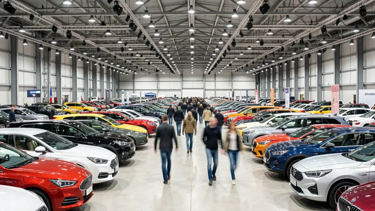 Imaxe xenérica dunha feira de automóbiles con vehículos expostos.