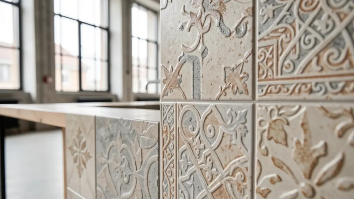 Imagen genérica de azulejos cerámicos con texturas detalladas en un entorno industrial.