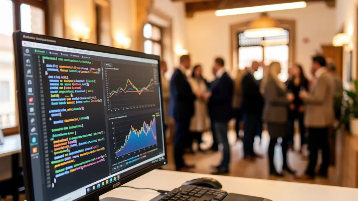 Imagen genérica de código informático y gráficos en una pantalla de ordenador, representando el desarrollo de inteligencia artificial en un entorno de oficina.